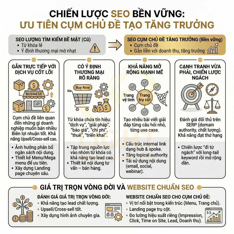 Chiến lược SEO bền vững ưu tiên cụm chủ đề, minh họa lợi ích và cấu trúc website chuẩn SEO