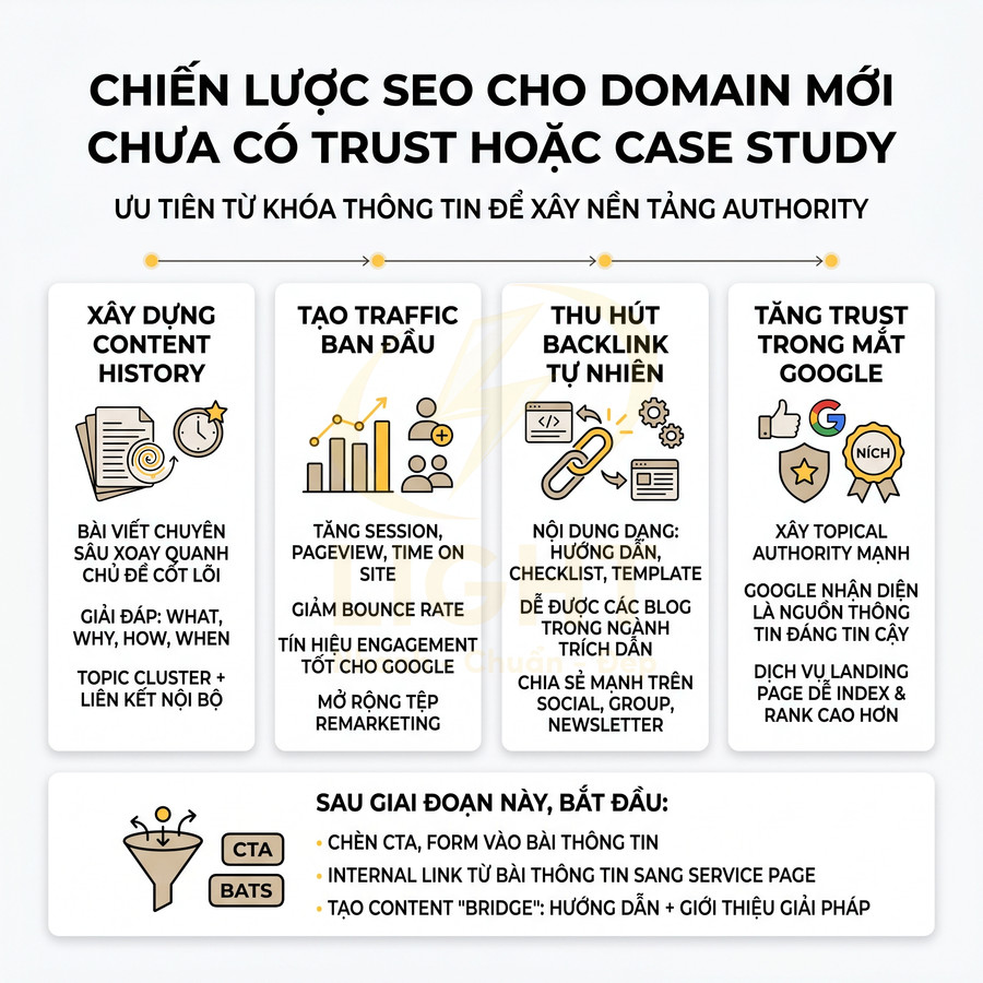 Chiến lược SEO cho domain mới chưa có trust, tập trung xây content, tăng traffic, backlink và độ uy tín Google