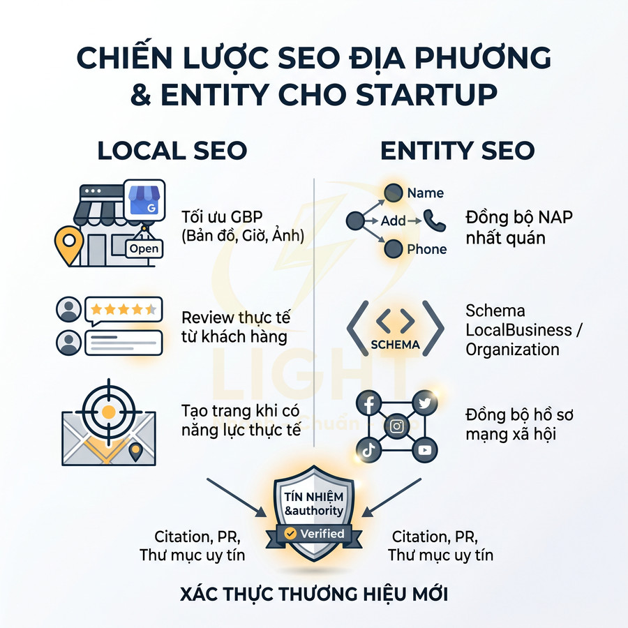Chiến lược SEO địa phương và Entity SEO cho startup với các bước tối ưu GBP, review khách hàng, schema và đồng bộ NAP