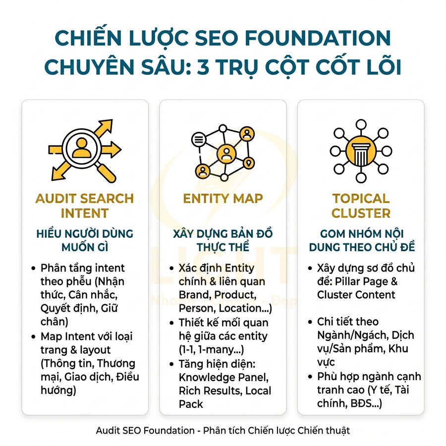 Chiến lược SEO Foundation chuyên sâu với 3 trụ cột: Audit Search Intent, Entity Map và Topical Cluster