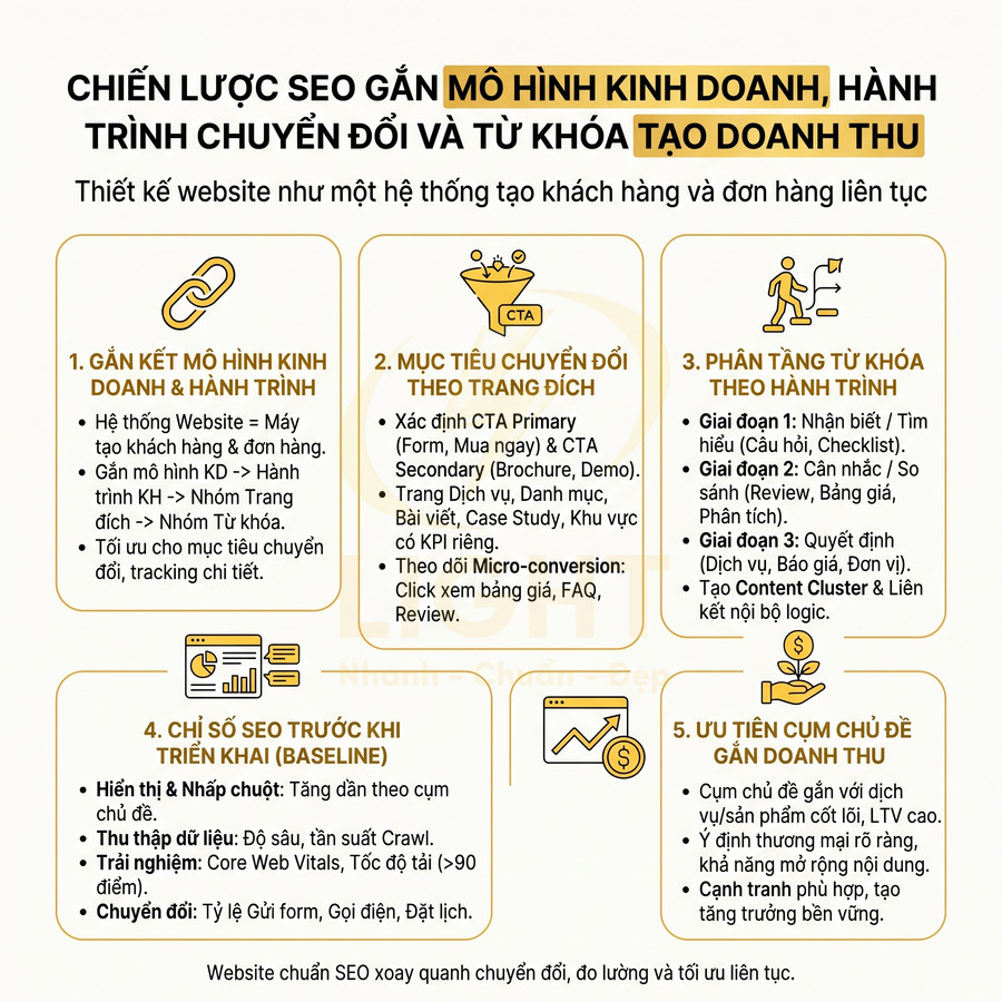 Chiến lược SEO gắn mô hình kinh doanh, hành trình chuyển đổi và từ khóa tạo doanh thu trên website