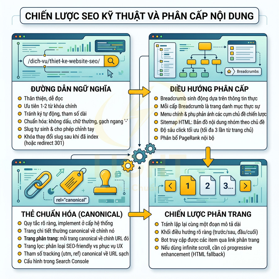 Chiến lược SEO kỹ thuật và phân cấp nội dung với đường dẫn ngữ nghĩa, canonical và phân trang