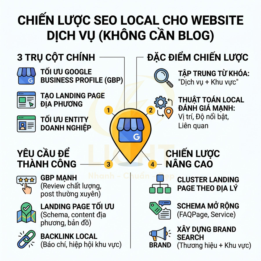 Chiến lược SEO local cho website dịch vụ không cần blog với tối ưu Google Business Profile và landing page địa phương