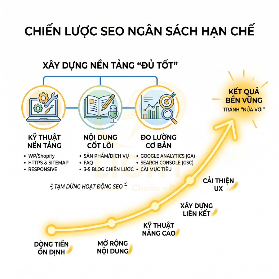 Chiến lược SEO ngân sách hạn chế với các bước kỹ thuật, nội dung, đo lường và tối ưu để đạt kết quả bền vững