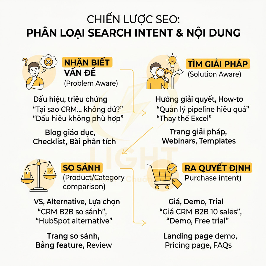Infographic chiến lược SEO phân loại search intent và nội dung theo 4 giai đoạn hành trình khách hàng