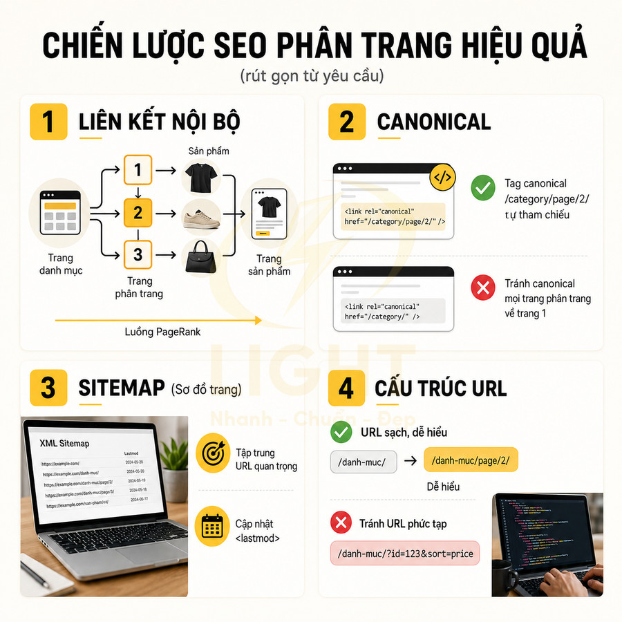 Chiến lược SEO phân trang hiệu quả với liên kết nội bộ, canonical, sitemap và cấu trúc URL sạch dễ hiểu