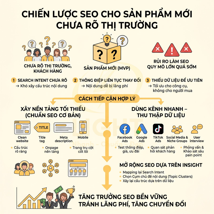 Infographic chiến lược SEO cho sản phẩm mới chưa rõ thị trường với các bước xây nền tảng, dùng kênh nhanh và mở rộng theo insight