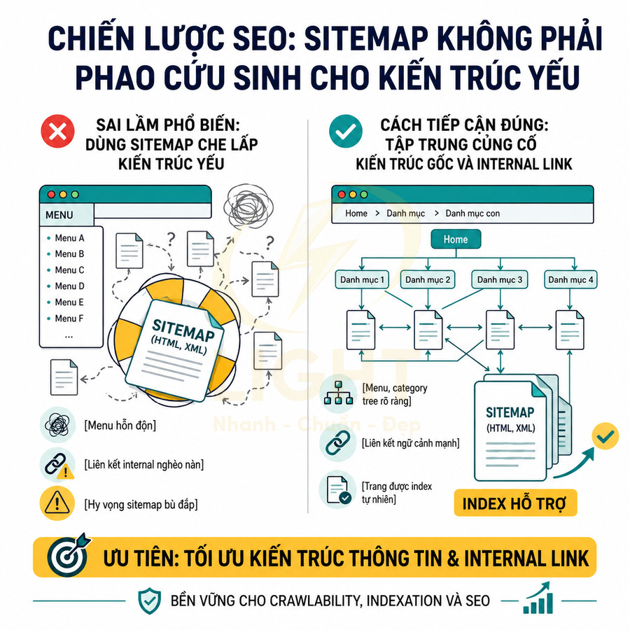 Infographic chiến lược SEO giải thích vai trò sitemap và tối ưu kiến trúc thông tin, internal link cho website