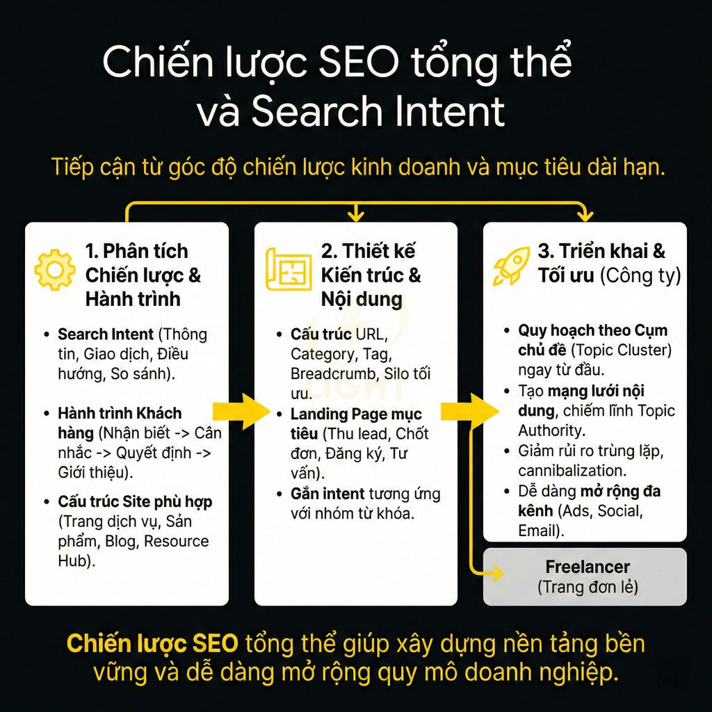 Infographic chiến lược SEO tổng thể và search intent với 3 bước phân tích, thiết kế nội dung, triển khai tối ưu