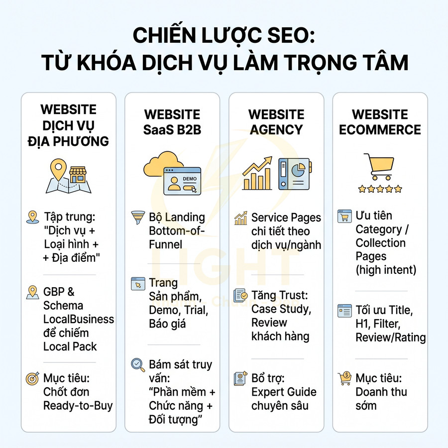 Chiến lược SEO từ khóa dịch vụ cho website địa phương, SaaS B2B, agency và ecommerce trình bày theo cột