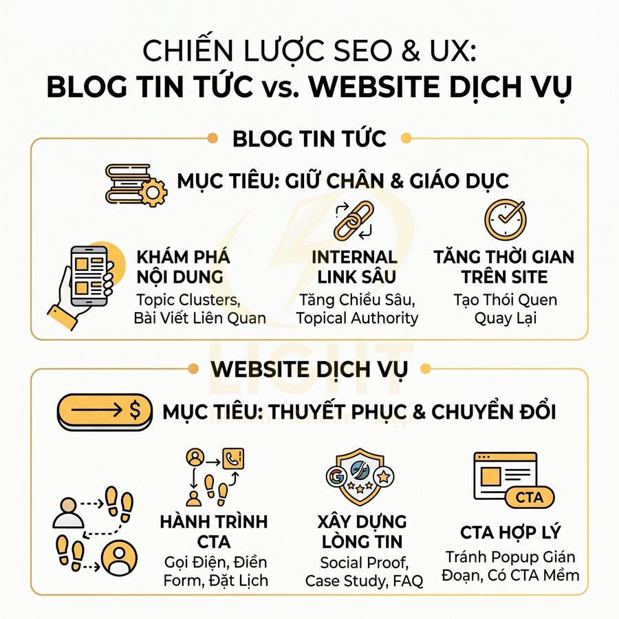 Chiến lược SEO UX so sánh blog tin tức và website dịch vụ với mục tiêu giữ chân, giáo dục và chuyển đổi