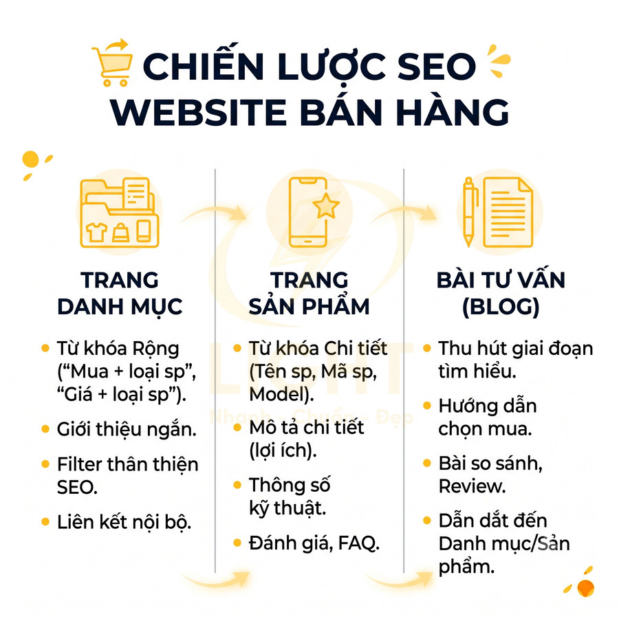 Chiến lược SEO website bán hàng với nội dung cho trang danh mục, trang sản phẩm và bài tư vấn blog