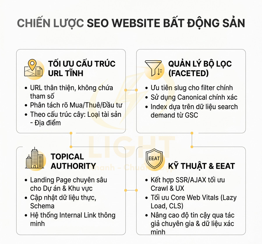 Chiến lược SEO website bất động sản với tối ưu URL, bộ lọc, topical authority và kỹ thuật EEAT
