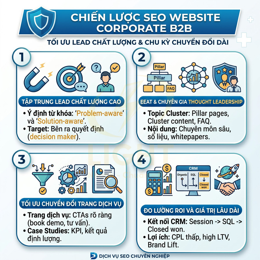 Infographic chiến lược SEO website corporate B2B tối ưu lead chất lượng và đo lường ROI dài hạn