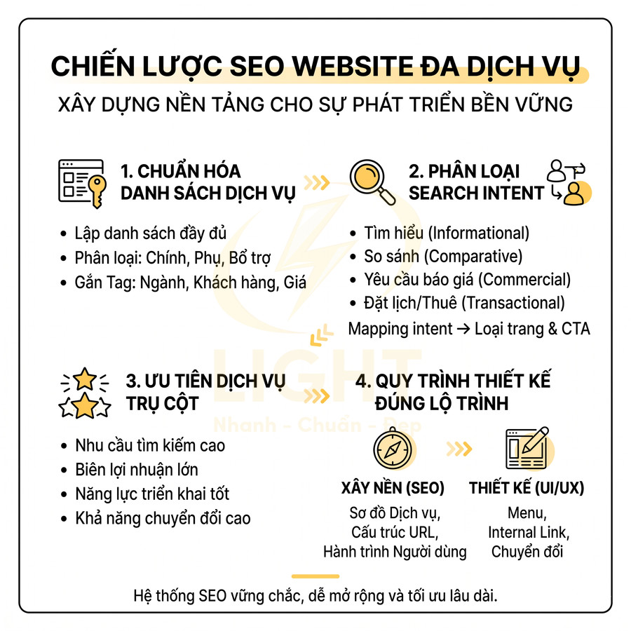 Chiến lược SEO website đa dịch vụ với 4 bước chuẩn hóa dịch vụ, phân loại search intent, ưu tiên dịch vụ và thiết kế lộ trình