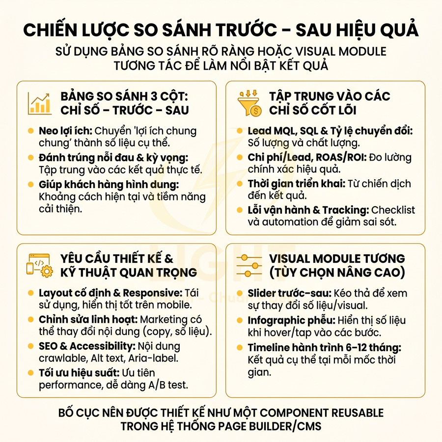 Chiến lược so sánh trước sau hiệu quả với bảng so sánh 3 cột, yêu cầu thiết kế kỹ thuật và visual module tương tác