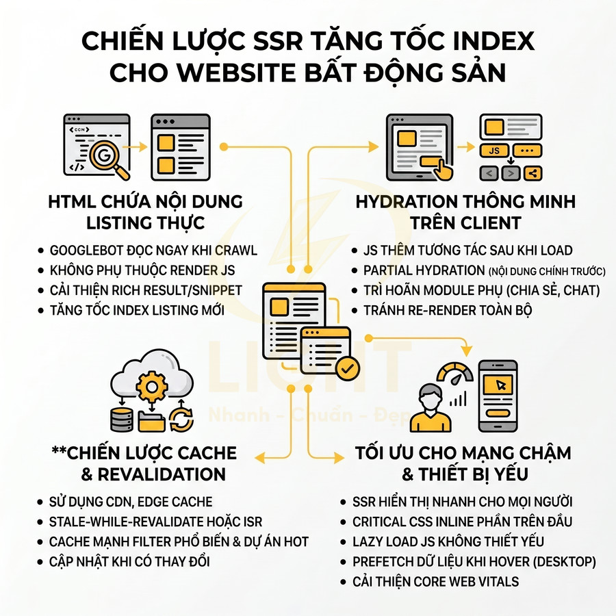 Chiến lược SSR tăng tốc index cho website bất động sản với HTML listing thực, cache, hydration và tối ưu thiết bị yếu