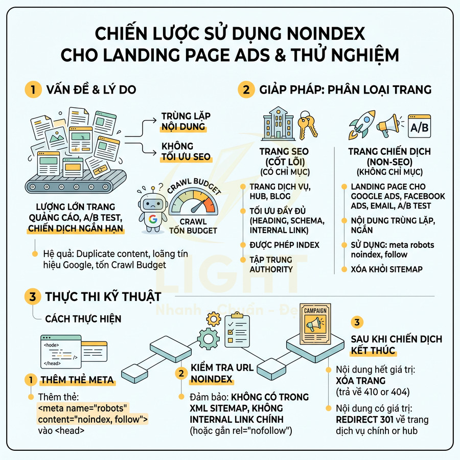 Chiến lược sử dụng thẻ noindex cho landing page quảng cáo và A/B test để tối ưu SEO và crawl budget