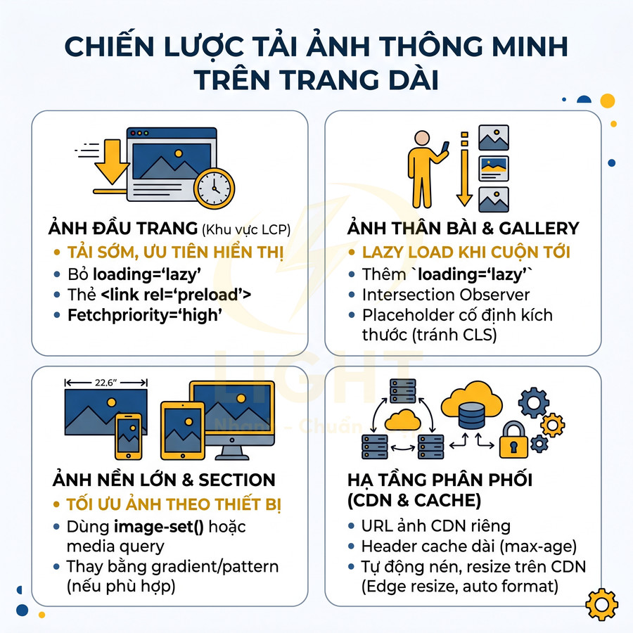 Infographic chiến lược tải ảnh thông minh trên trang dài tối ưu tốc độ và trải nghiệm người dùng