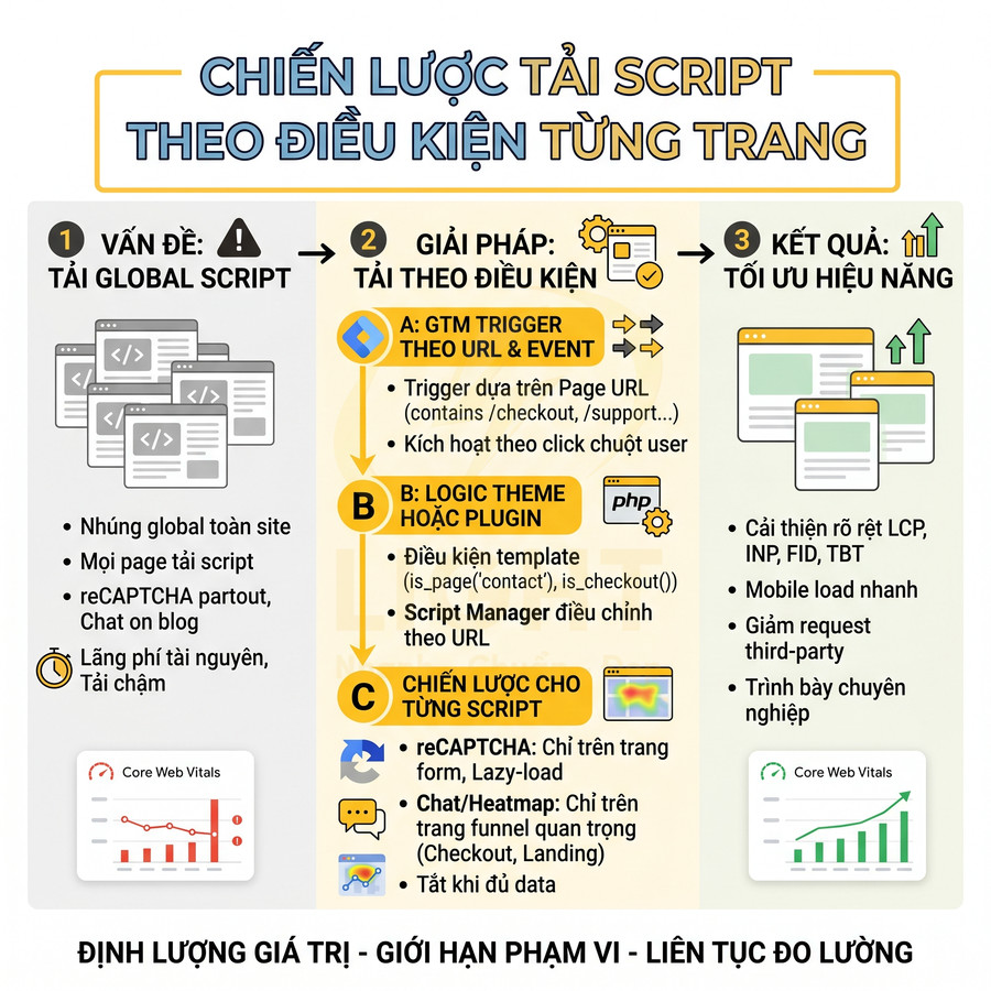 Chiến lược tải script theo điều kiện từng trang để tối ưu Core Web Vitals và hiệu năng website