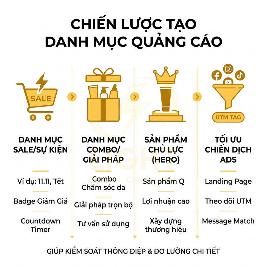 Chiến lược tạo danh mục quảng cáo với danh mục sale, combo giải pháp, sản phẩm chủ lực và tối ưu chiến dịch ads