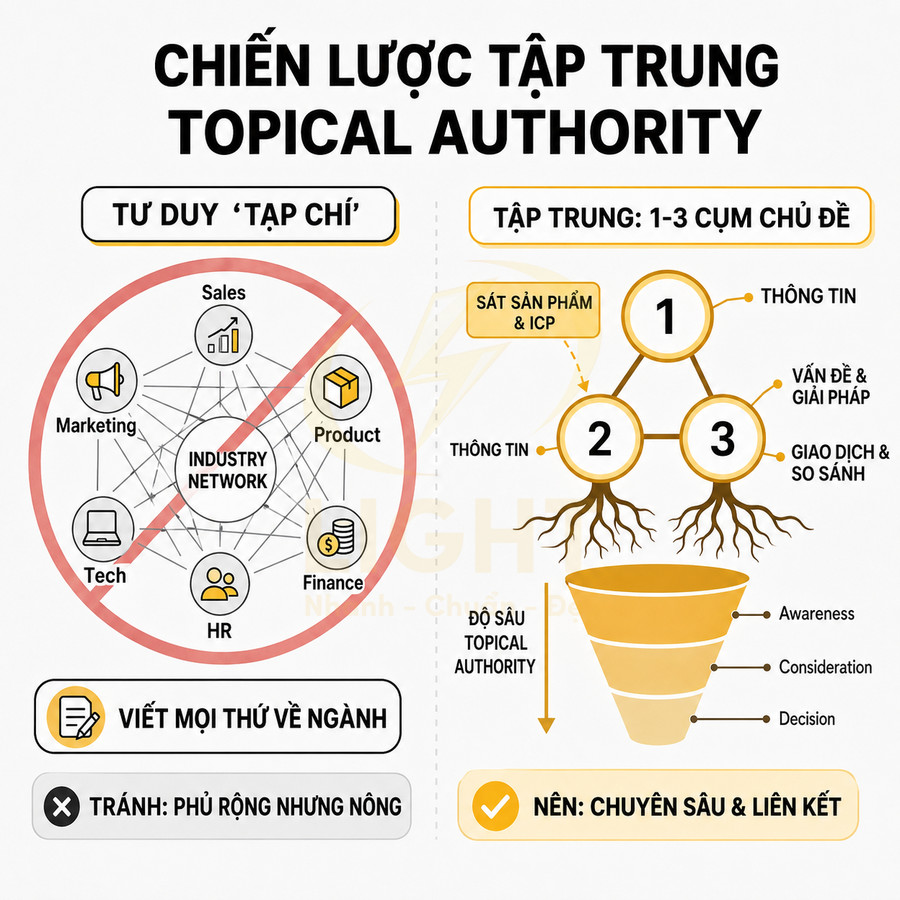 Chiến lược tập trung topical authority với sơ đồ so sánh tư duy tạp chí và tập trung 1 đến 3 cụm chủ đề liên kết