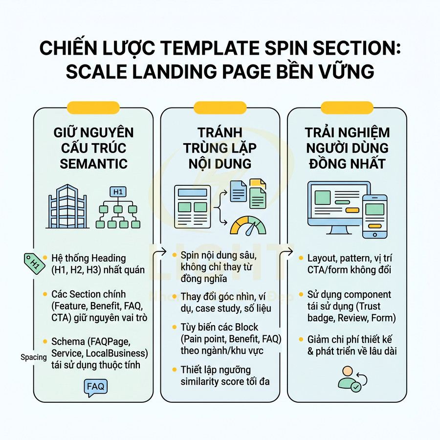 Chiến lược template spin section tối ưu landing page: giữ cấu trúc semantic, tránh trùng lặp nội dung, trải nghiệm người dùng đồng nhất