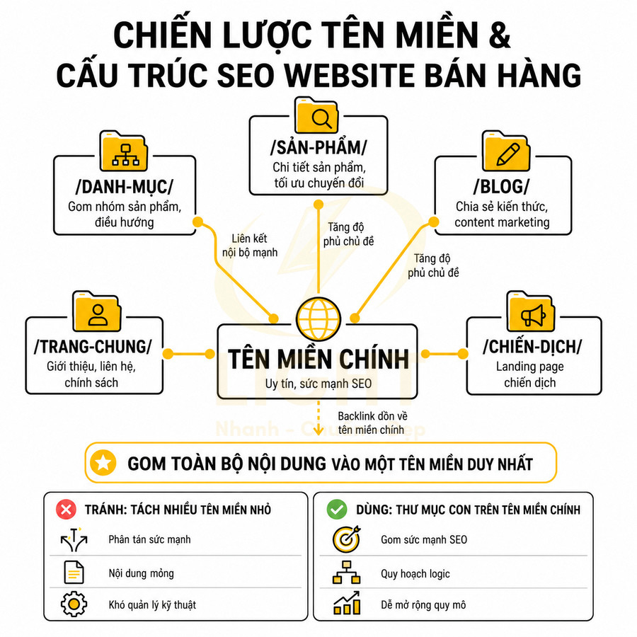 Infographic chiến lược đặt tên miền và cấu trúc SEO website bán hàng với các thư mục danh mục, sản phẩm, blog, chiến dịch
