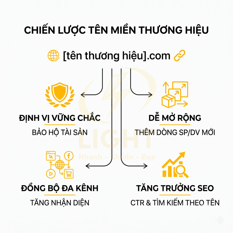 Chiến lược tên miền thương hiệu với lợi ích định vị vững chắc, dễ mở rộng, đồng bộ đa kênh và tăng trưởng SEO
