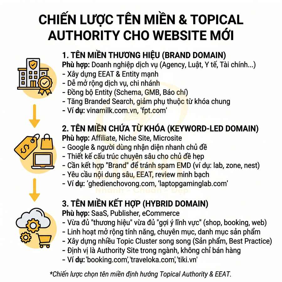 Chiến lược chọn tên miền brand, chứa từ khóa và tên miền kết hợp để xây dựng topical authority cho website mới