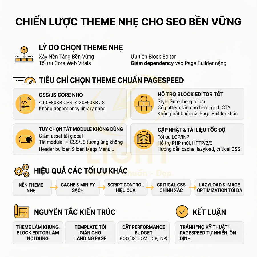 Chiến lược chọn theme WordPress nhẹ chuẩn PageSpeed cho SEO bền vững với các tiêu chí tối ưu tốc độ