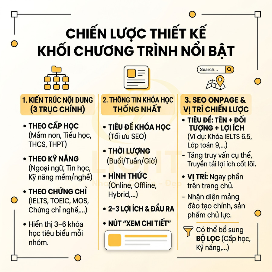 Chiến lược thiết kế khối chương trình khóa học nổi bật với kiến trúc nội dung và SEO onpage