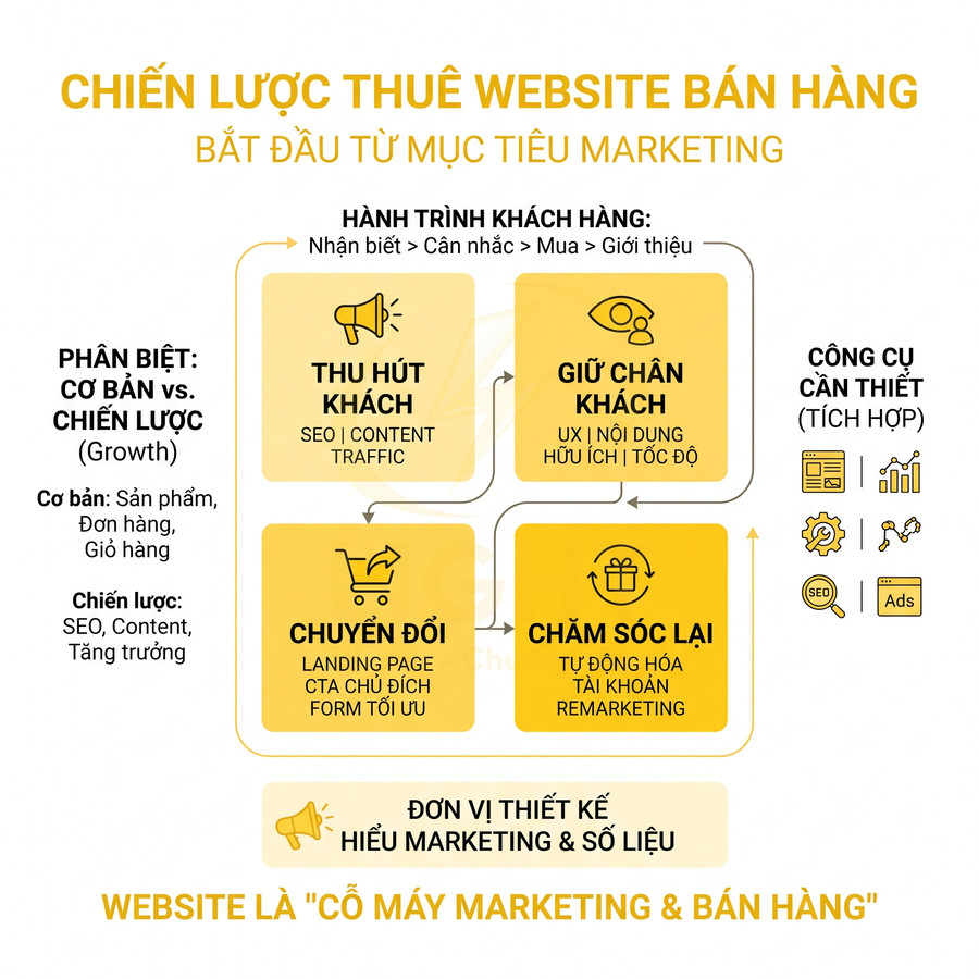 Chiến lược thuê website bán hàng với quy trình thu hút, giữ chân, chuyển đổi và chăm sóc lại khách hàng