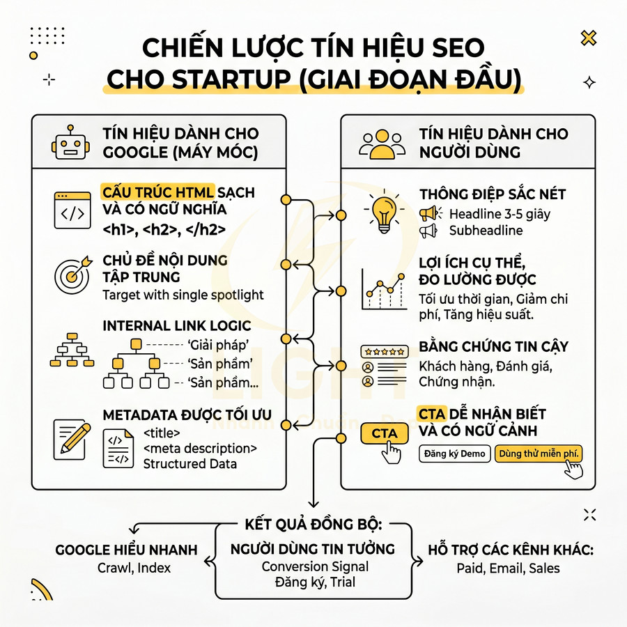 Infographic chiến lược tín hiệu SEO cho startup giai đoạn đầu với các bước tối ưu Google và trải nghiệm người dùng