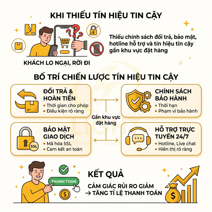 Infographic chiến lược tăng độ tin cậy website bán hàng với đổi trả, bảo mật, bảo hành và hỗ trợ trực tuyến 24/7