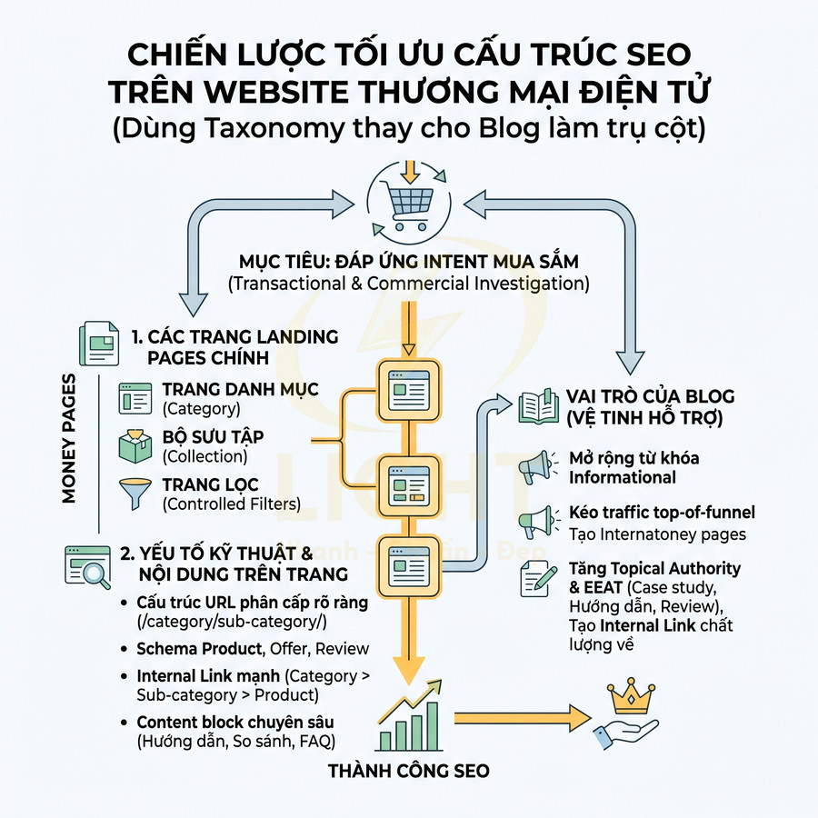 Chiến lược tối ưu cấu trúc SEO cho website thương mại điện tử dùng taxonomy thay cho blog làm trụ cột