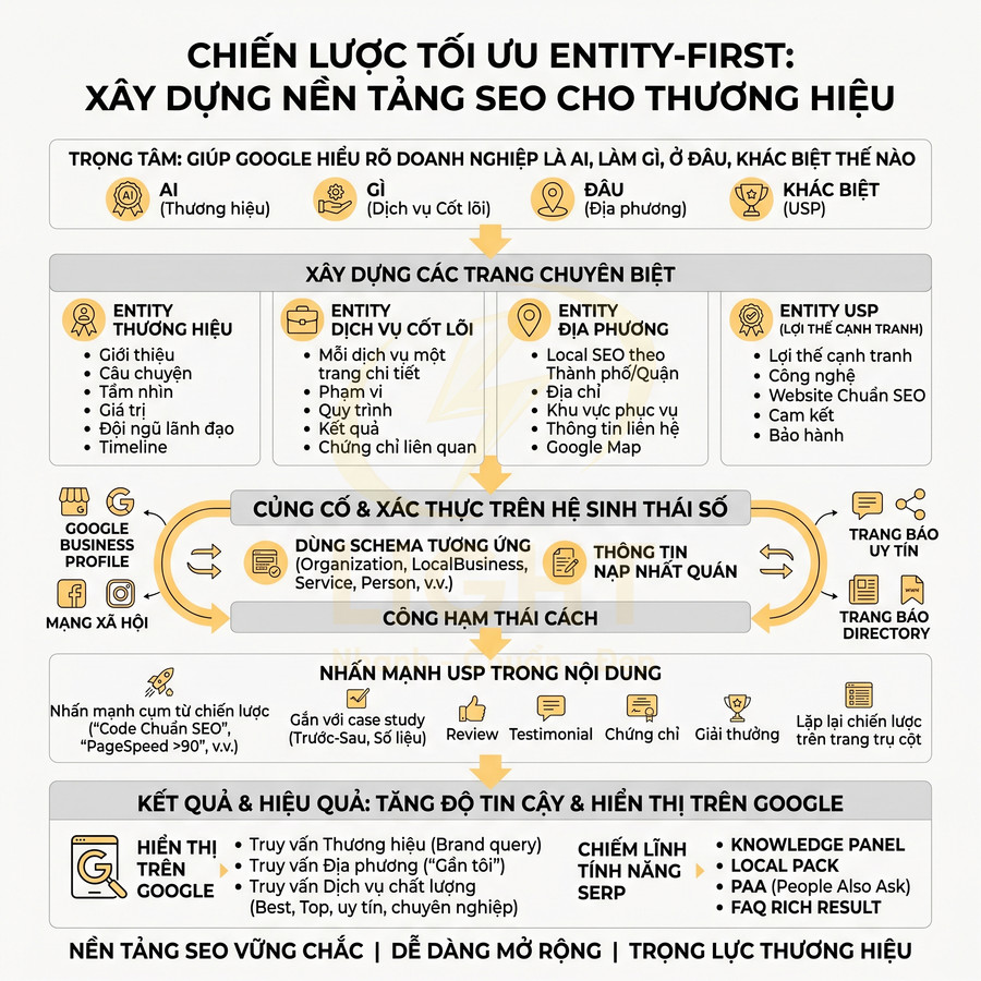 Chiến lược tối ưu entity first xây dựng nền tảng SEO thương hiệu với các bước và sơ đồ minh họa