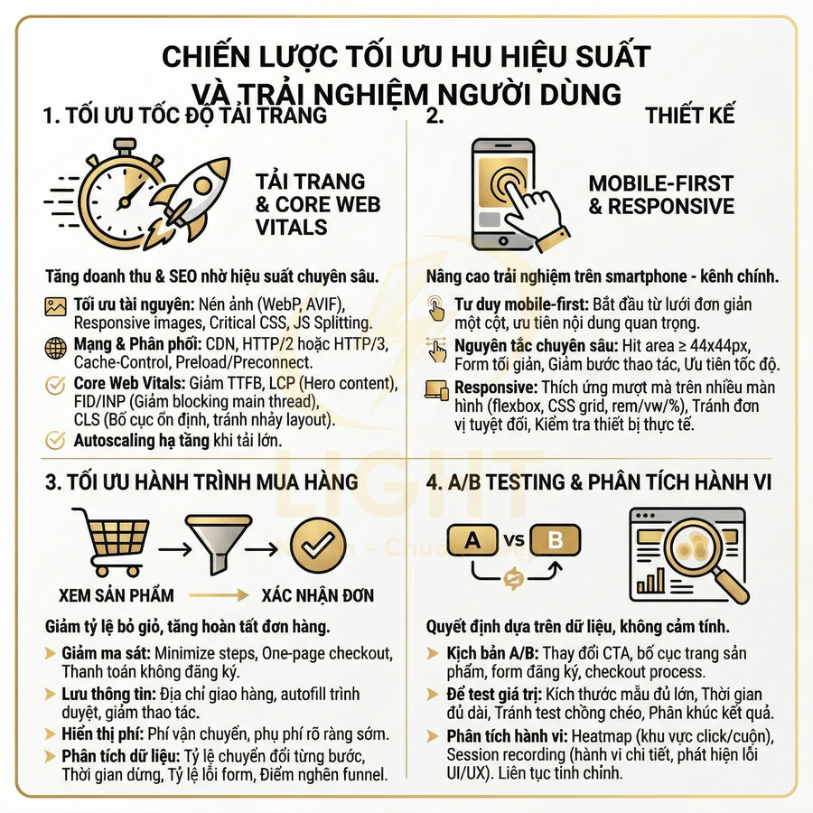 Infographic chiến lược tối ưu hiệu suất website và trải nghiệm người dùng cho SEO và chuyển đổi cao