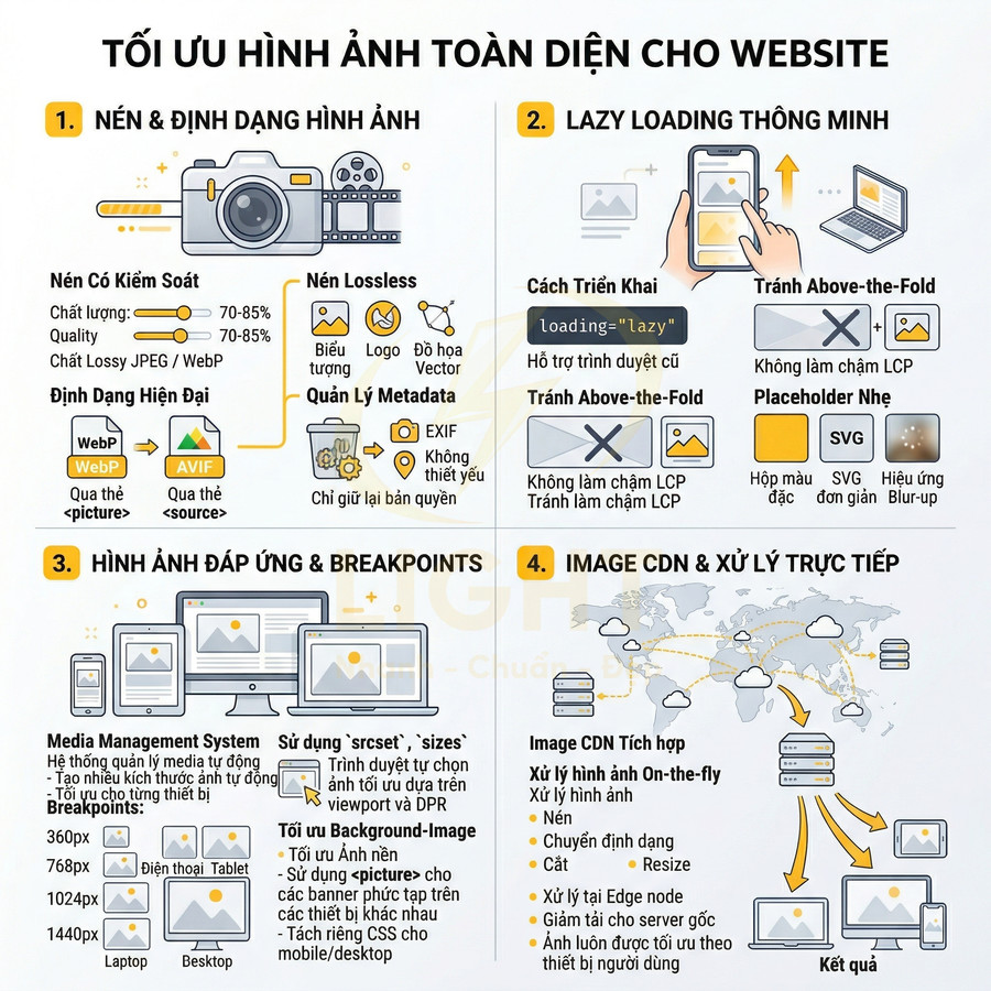 Chiến lược tối ưu hình ảnh toàn diện với nén, định dạng WebP AVIF, lazy loading, ảnh đáp ứng và CDN