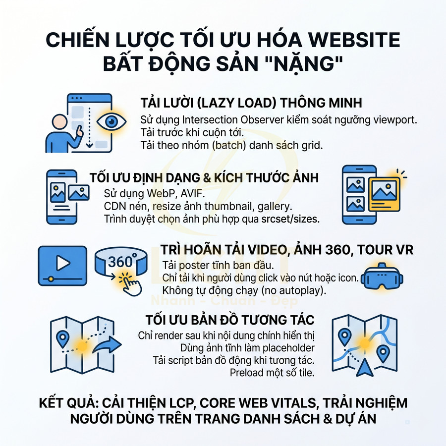 Chiến lược tối ưu hóa website bất động sản nặng với lazy load, tối ưu ảnh, trì hoãn video và bản đồ tương tác