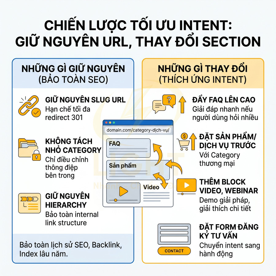 Infographic chiến lược tối ưu intent SEO giữ nguyên URL nhưng thay đổi section nội dung trang sản phẩm dịch vụ