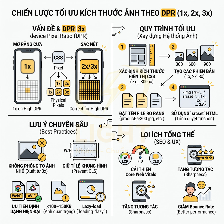 Infographic chiến lược tối ưu kích thước ảnh theo DPR 1x 2x 3x cho web, quy trình tạo nhiều phiên bản và best practices