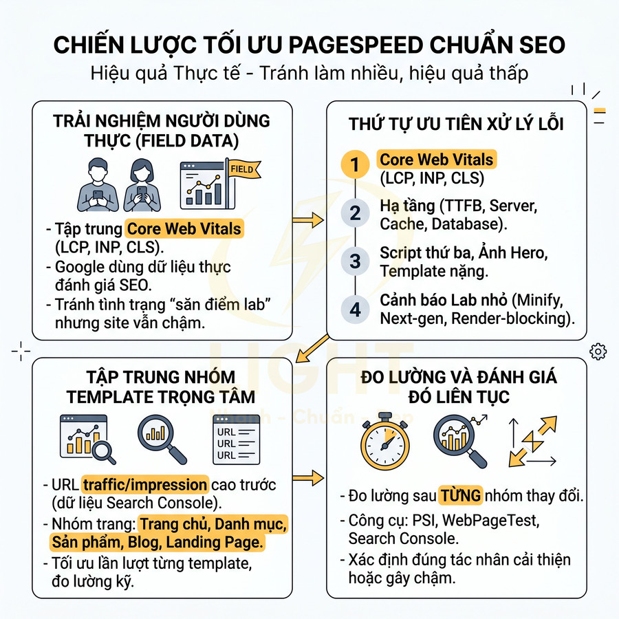 Infographic chiến lược tối ưu PageSpeed chuẩn SEO với Core Web Vitals và đo lường hiệu suất website