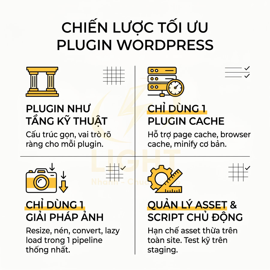 Chiến lược tối ưu plugin WordPress với plugin kỹ thuật, plugin cache, giải pháp ảnh và quản lý asset script