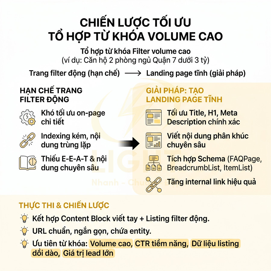 Chiến lược SEO tối ưu tổ hợp từ khóa volume cao bằng landing page tĩnh và thực thi nội dung chuyên sâu