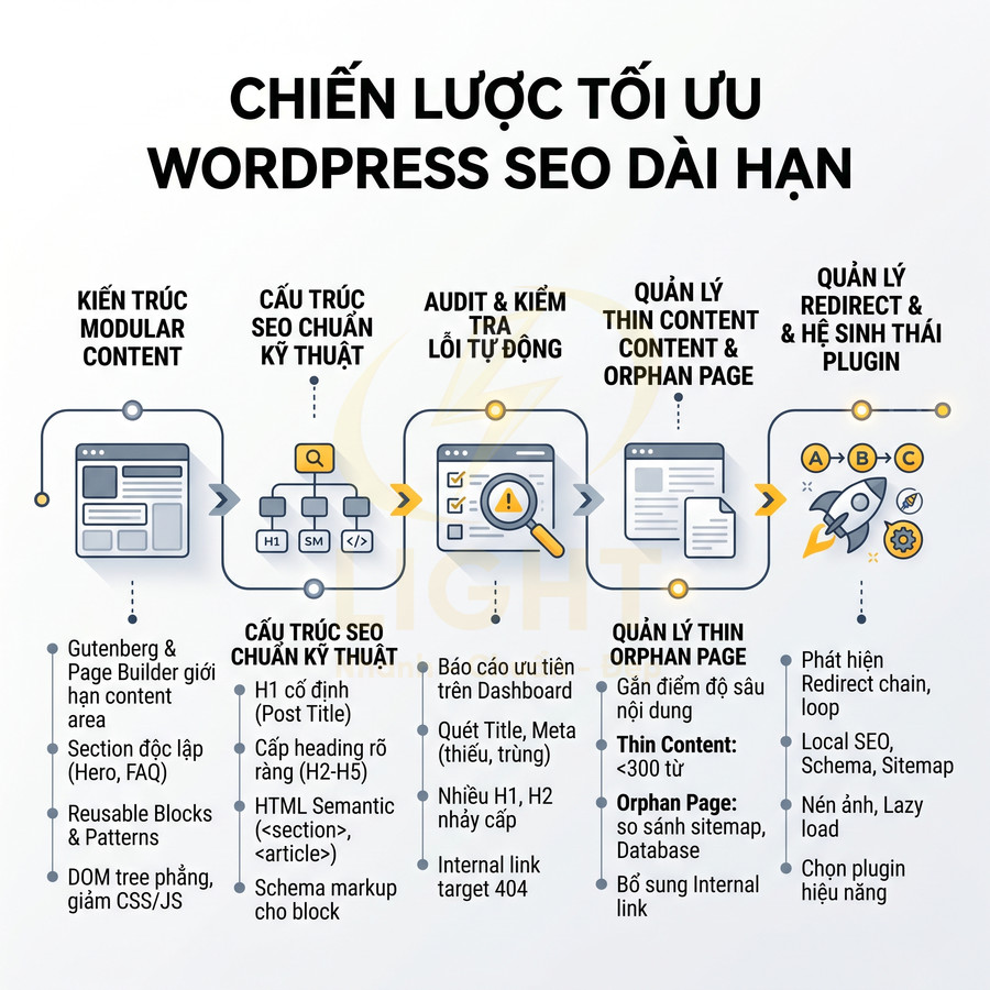 Chiến lược tối ưu WordPress SEO dài hạn với kiến trúc nội dung, audit kỹ thuật và quản lý thin content