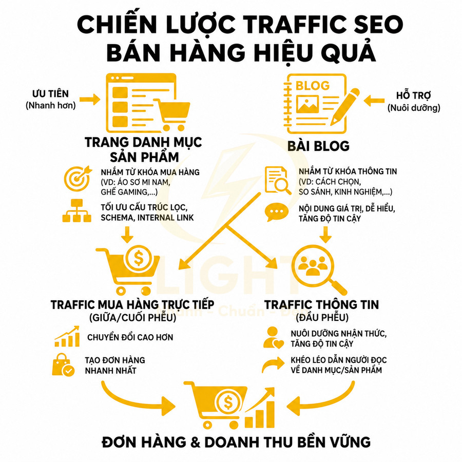 Chiến lược traffic SEO bán hàng hiệu quả với trang danh mục sản phẩm, bài blog và luồng traffic tạo đơn hàng bền vững