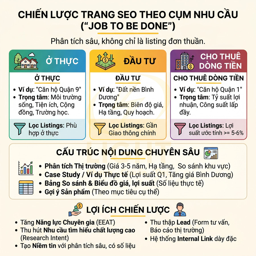 Infographic chiến lược SEO bất động sản theo cụm nhu cầu ở thực, đầu tư và cho thuê dòng tiền