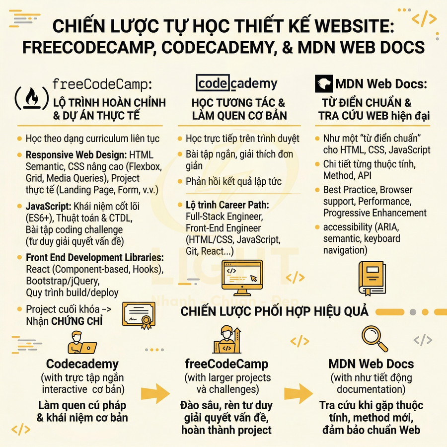 Chiến lược tự học thiết kế website với freeCodeCamp, Codecademy và MDN Web Docs, so sánh lộ trình và cách kết hợp