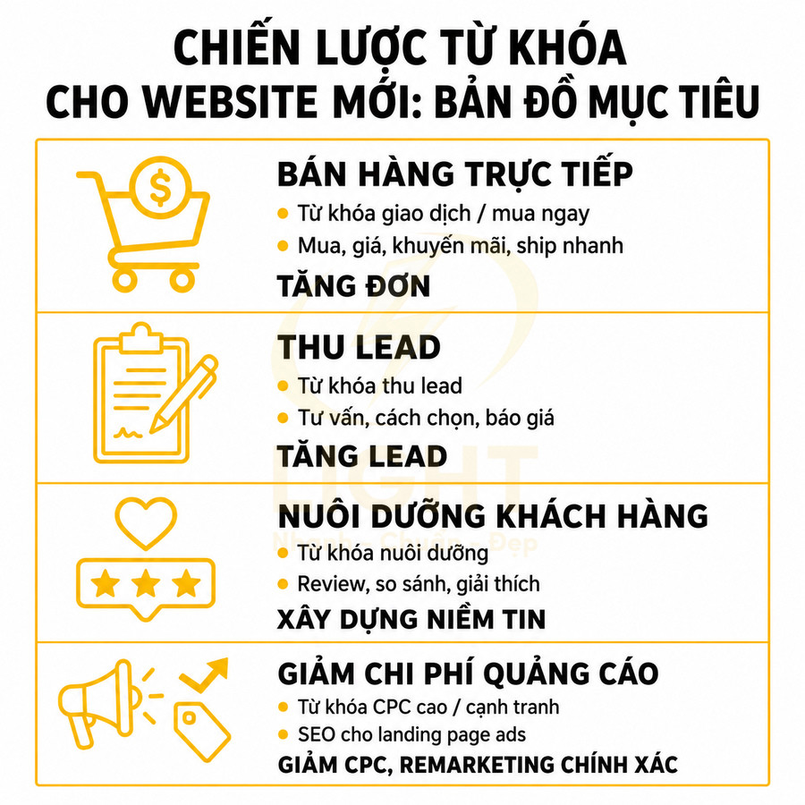 Chiến lược từ khóa cho website mới với mục tiêu bán hàng, thu lead, nuôi dưỡng khách hàng và giảm chi phí quảng cáo